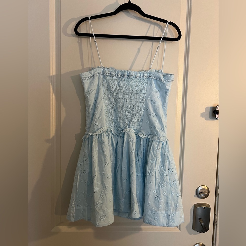 For Love and Lemons Marlowe Blue Eyelet Corset Mini Dress Size L NWOT - Picture 3 of 5